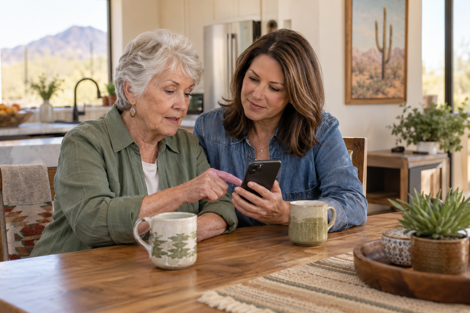 Older mother and adult daughter calmly reviewing a suspicious phone message together