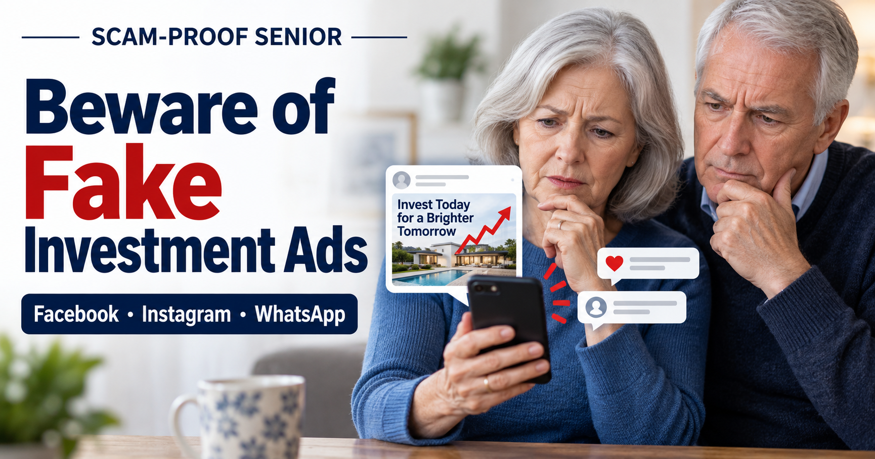 Older couple reviewing a suspicious social media investment advertisement on a smartphone