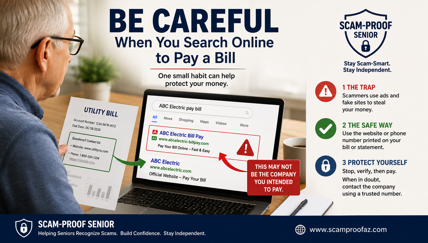 Senior checking a bill before paying online to avoid a scam