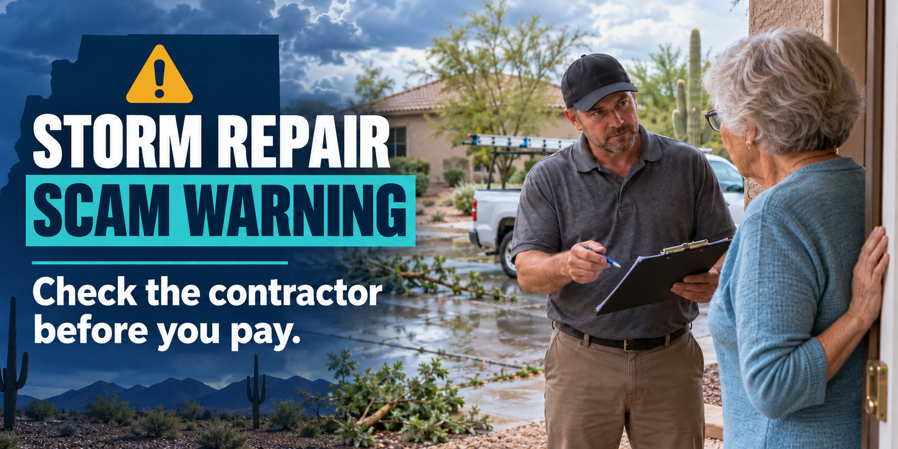 Older Arizona homeowner speaking cautiously with a contractor after a storm, with a warning to check the contractor before paying.